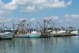 Shrimping boats lined up in the water in Fulton Harbor, Texas.